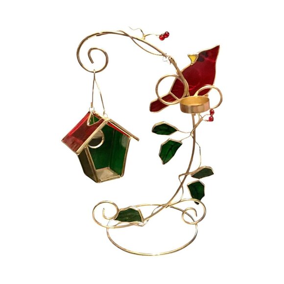 Stained Glass Cardinal & Birdhouse Tabletop Candle Holder - Picture 3 of 3